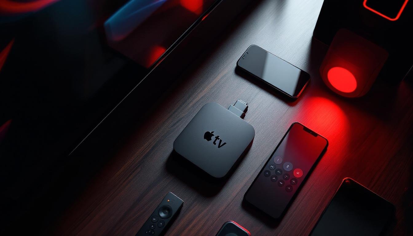 Premium tech devices on dark wooden surface